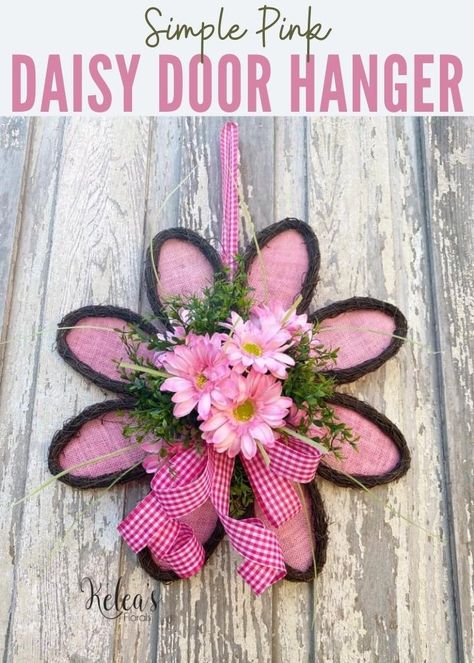 Take this simple pink daisy door hanger to the next level with florals and an quick bow. Diy Seasonal Decor, Pink Sunflowers, Indoor Wreath, Wreath Home Decor, Artificial Silk Flowers, Summer Door Wreaths, Bright Florals, Wood Door Hangers, Floral Foam