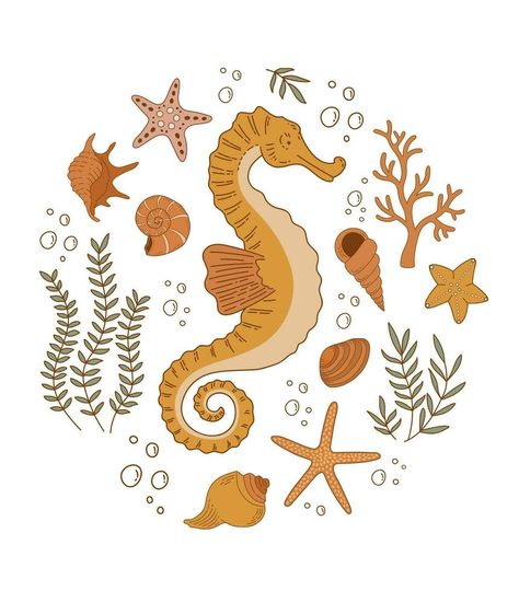 Seahorse, starfish and shells outline vector illustration. Underwater world in flat style on a white background. Cute marine animal character for poster, invitation, children book, card, print Sea Horse Illustration, Sea Horses Illustration, Illustration Underwater, Seahorse Illustration, Anime Bg, Background Cute, Animal Character, Print Advertisement, Card Print