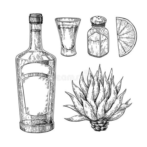 Salt Tequila Lime Tattoo, Tequila And Lime Tattoo, Agave Drawing, Lime Tattoo, Live Free Tattoo, Event Cocktails, Bottle Sketch, Tequila Art, Blue Tequila