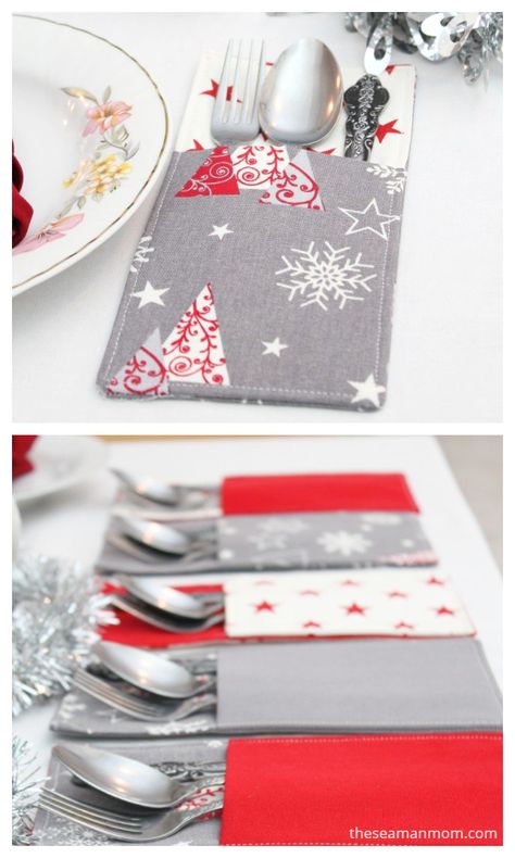 10 DIY Fabric Christmas Cutlery Holder Free Sewing Patterns | Fabric Art DIY Christmas Market Sewing Ideas, Christmas Fabric Crafts To Sell, Christmas Napkins Sewing, Christmas Cutlery Holders Diy, Christmas Sewing Crafts To Sell, Diy Fabric Christmas Decorations, Christmas Sewing Projects To Sell, Sewing Christmas Stockings Diy, Christmas Sewing Projects Gift