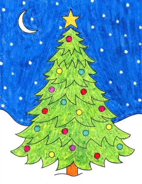 How to Draw an Easy Christmas Tree · Art Projects for Kids Drawing A Christmas Tree, How To Draw A Christmas Tree Easy, How To Draw A Christmas Tree, Simple Christmas Tree Drawing, Christmas Tree Drawing Easy, Artsy Doodles, Tree Drawing For Kids, Christmas Drawings For Kids, Tree Drawing Simple