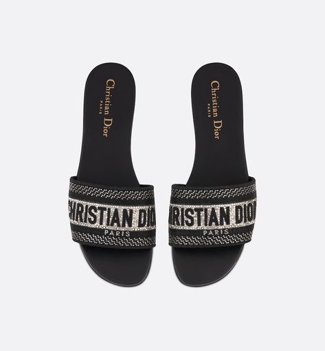 Dway Slide Black Cotton Embroidery with Metallic Thread and Silver-Tone Strass | DIOR Dior Slides, Emoji 2, Lucky Symbols, Christian Dior Couture, Dior Couture, Cotton Embroidery, Metallic Thread, Mule, Slip On Sandal