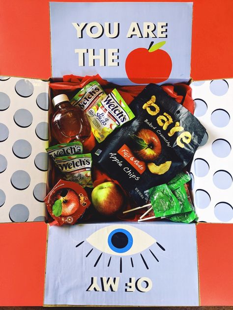 Apple Care Package, Holidays Decorations, Usps Boxes, Package Sticker, Ladybug Crafts, Apple Of My Eye, Apple Chips, Package Ideas, College Care Package