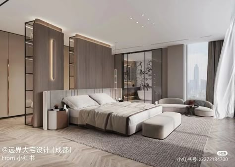 Dressing Room Design Bedroom, Luxurious Master Bedrooms With Sitting Area, Bedroom With Lounge, Bed In The Middle Of The Room Ideas, Bed Between Wardrobes, Bedroom Layout Design, Hotel Room Design Plan, Luxe Bedroom, Bedroom Cupboard Designs