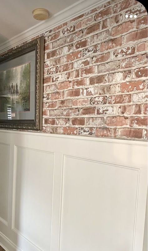 Brick Wall Hallway Ideas, Wallpaper Next To Brick Fireplace, Wainscoting On Brick Wall, Brick Hallway Ideas, White Brick Paneling, Half Brick Half Panel Wall, Brick Wall And Floor, What To Do With A Brick Wall, Wallpaper Bricks Ideas