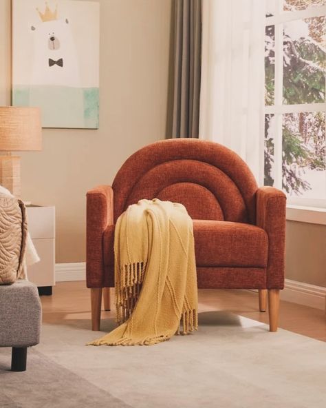 Add a pop of color and style to your space with our chic arch-back lounge chair! This statement piece combines bold design with cozy comfort, perfect for your bedroom or living room nook. 🧡✨ #NestHaven #BoldInteriors #CozyChic #InteriorDesign Pattern Accent Chair, Living Room Nook, Stylish Accent Chairs, Orange Chair, Counseling Office, Comfy Seating, Upholstered Armchair, Upholstered Accent Chairs, Bedroom And Office