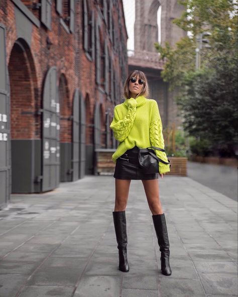 undefined Neon Green Sweater Outfit, Fashion Outfits For Work Office Chic, Neon Green Sweater, Outfit With Black Boots, Zara Black Skirt, Green Sweater Outfit, Outfit Ideas With Boots, Outfit Ideas College, Fashion Outfits Polyvore