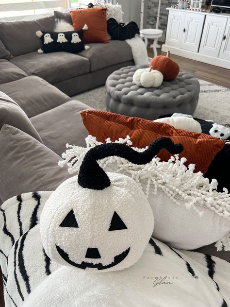 The cutest white and black pumpkin pillow at Modern Farmhouse Glam 
Halloween decor, fall decor, ghost sofa, sectional, tufted ottoman rug  grey

Follow my shop @modernfarmhouseglam on the @shop.LTK app to shop this post and get my exclusive app-only content!

#liketkit #LTKSeasonal #LTKhome
@shop.ltk
https://liketk.it/4hqi0 Grey Couch Halloween Decor, Black And White Halloween Decor Living Room, Black And White Fall Decor, Fall Couch, Black And White Halloween Decor, Decorate A Dining Room, Modern Farmhouse Glam, Living Room Halloween Decor, Light Gray Couch