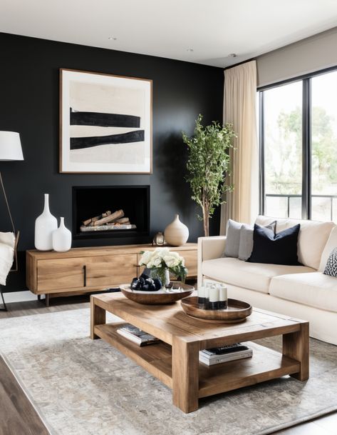 Black White And Wood Decor Living Room, Grey Tan Black Living Room, Cream White Black Living Room, Black And Brown Office Ideas, Black And Tan Living Room Decor, Oak And Black Living Room, Black White And Wood Interior, Black Brown And Cream Living Room, Black And Natural Living Room