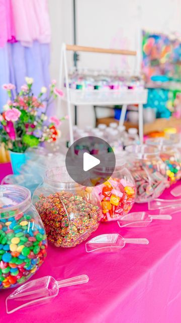 The Party Girls Orlando on Instagram: "Ellie’s sweet mom asked us to provide decor, food, and a colorful candy bar for this rainbow birthday at @creativejaneorl 🌈🎉This fun party space in Winter Park is perfect for crafty kiddos 🩷  Cake by @yumbakingco and cookies by @jrhocookieco   #rainbowparty #slimeparty #balloondecor #orlandopartyplanners #orlandoballoondecor #fringebackdrop #candybarideas" Colorful Candy Bar, Rainbow Candy Buffet, Candy Bar Birthday, Slime Party, Fringe Backdrops, Rainbow Candy, Rainbow Party, Colorful Candy, Rainbow Birthday