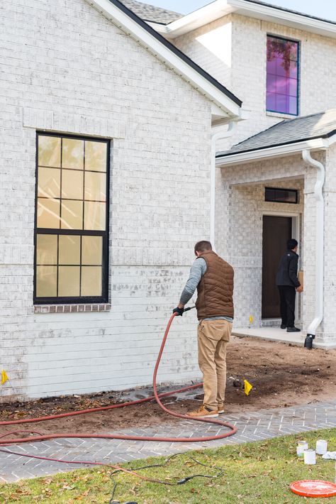 Limewash Brick Exterior, Lime Wash Brick, Lime Wash, White Wash Brick, Brick Exterior, North Florida, Outdoor Room, Venetian Plaster, Cinder Block