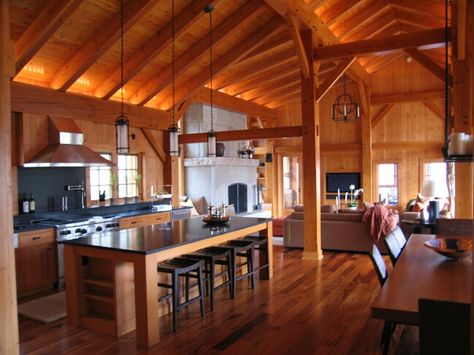 No, I can't cook but who doesn't dream of having a big beautiful kitchen. Timber Frame Interior, Timber Frame Kitchen, A-frame Interior, Timber Frame Home Plans, Timber Frame House, A Frame Cabins, Swiss Chalet, A Frame House Plans, Timber Frame Homes