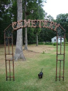 Here is the one I made to go with my pvc fence it is also pvc and the letters are made from 1" pink foam glued on 1/4" plywood so they would be strong enough to screw to the pvc pipe from the back side. It is 3 pieces the top and both side so that I can store it better. I did add to 2 foam skulls to the middle opening one on each side leg that is not shown in this picture and painted them the same color as the letters.Hard to see the arch but you can see the two solar power Halloween Graveyard Archway, Diy Graveyard Entrance, Cemetary Archway Diy, Diy Cemetery Fence, Cemetery Archway Diy, Pvc Pipe Arch Diy, Skull Archway Diy, Cemetery Decorations Halloween, Diy Halloween Arch