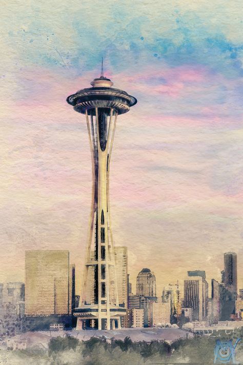 Digital print of the Seattle Space Needle available on Modo Arts Co's Etsy shop. Beautiful print of the famous Seattle landmark with pastel colors in the sky and warm yellows highlighting the Space Needle and skyline buildings. All digital prints from Modo Arts Co come in 5 Hi-Res files in different aspect ratios to accommodate a variety of print sizes. #cityscapeart #seattle #spaceneedle Space Needle Painting, Seattle Space Needle, Needle Painting, Space Needle Seattle, Landmarks Art, Seattle Art, Cityscape Art, Space Needle, The Space