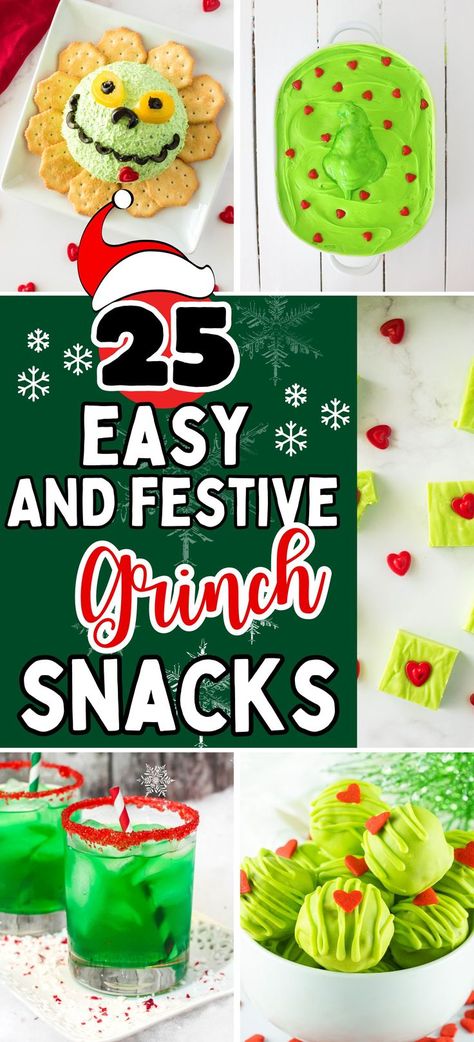 grinch snacks Grinchmas Party Snacks, Green Grinch Food, Grinch Themed Brunch, Grinch Family Movie Night, Grinch Themed Food Movie Nights, Christmas Grinch Party Ideas, Grinch Inspired Desserts, Food For Grinch Party, The Grinch Movie Night Food Ideas