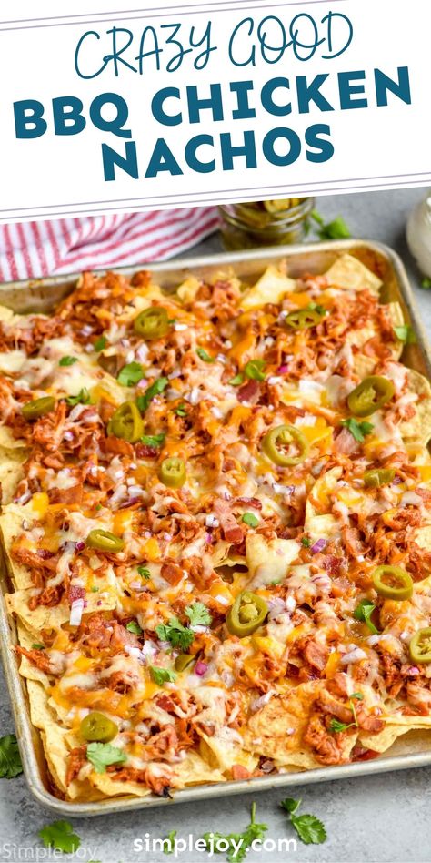 BBQ Chicken Nachos are going to be your new favorite dinner. This great recipe comes together quickly and is perfect for an appetizer or fun weeknight meal. Shredded Bbq Chicken Ideas, Sheet Pan Bbq Chicken Nachos, Pulled Chicken Nachos Bbq, Loaded Bbq Chicken Nachos, Bbq Nachos Recipe Chicken, Recipes With Shredded Bbq Chicken, Bbq Chicken Leftovers Ideas, Leftover Bbq Chicken Ideas, Bbq Chicken Leftovers