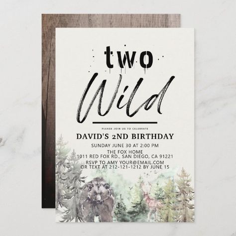 Two Wild Bear Forest Mountain Boy 2nd Birthday Invitation Two Wild Birthday Party, Boy 2nd Birthday, Two Wild Birthday, Wood Bear, Wild Bear, Wild One Birthday Invitations, Two Wild, 2nd Birthday Invitations, 1st Birthday Invitation