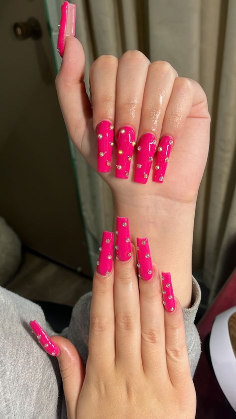 Dark Pink Nails With Rhinestones, Hot Pink Nails With Pearls, Hot Pink Nails With Diamonds, Hot Pink Acrylic Nails With Rhinestones, Hot Pink Nails With Gems, Hot Pink Diamond Nails, Pink Nails Rhinestones, Hot Pink Bling Nails, Hot Pink Nails With Rhinestones