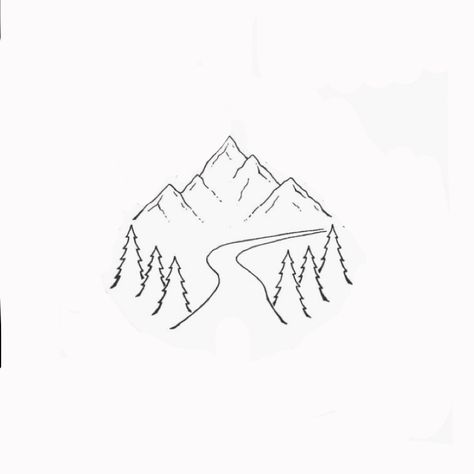 Small Mountain Outline Tattoo, Tiny Landscape Tattoo, Alps Tattoo Simple, Wilderness Tattoo Simple, Snow Mountain Drawing Simple, Simple Road Tattoo, Swiss Tattoo Switzerland, Line Drawn Mountains, Lake Louise Tattoo