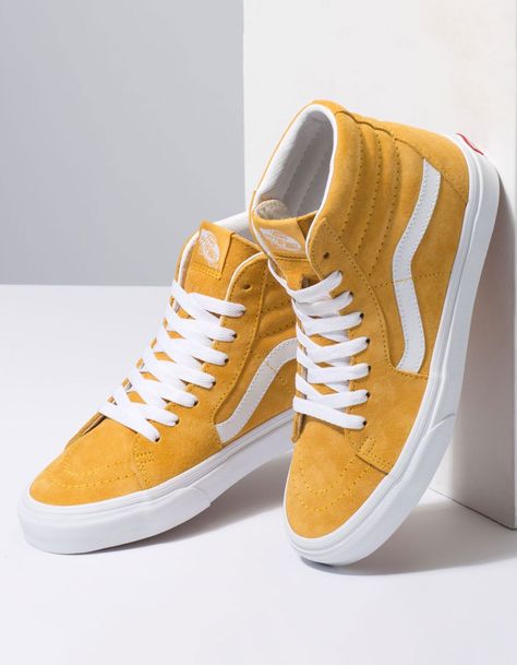 VANS Pig Suede Sk8-Hi Mango Mojito & True White Womens Shoes Vans Shoes Women, Cute Vans, Yellow Vans, Vans Yellow, Vans High, Tenis Vans, Tops Nike, Cool Vans, Retro Sport