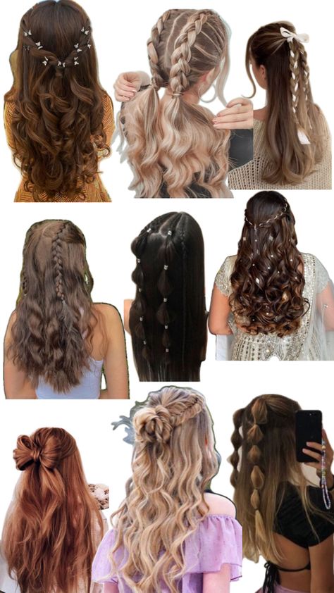 Cute Hairstyles For Dance Performance, Cute Hair Ideas For A Dance, Full Week Of Hairstyles, Hair Styles For Tangled Hair, Web Hairstyle, Half Up Half Down Hair Dance Competition, Formal Dance Hairstyles, Cute Hairstyles For Hoco, Easy Long Hair Styling Ideas