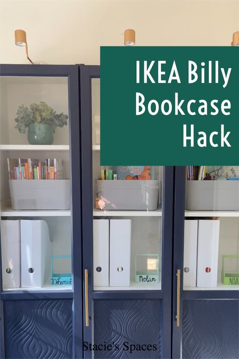 IKEA Billy Bookcase hack in our laundry/mudroom. My favorite part of this project was using paintable textured wallpaper on the door fronts. It really took it to another level and was super easy to do! This project is another IKEA Billy Bookcase hack using wallpaper, but on the inside this time and with lights! Blue Billy Bookcase With Doors, Blue Billy Bookcase, Wallpapered Bookcase, Billy Bookcase With Doors, Wallpaper Bookcase, Paintable Textured Wallpaper, Mudroom Inspiration, Blue Bookshelves, Billy Hack