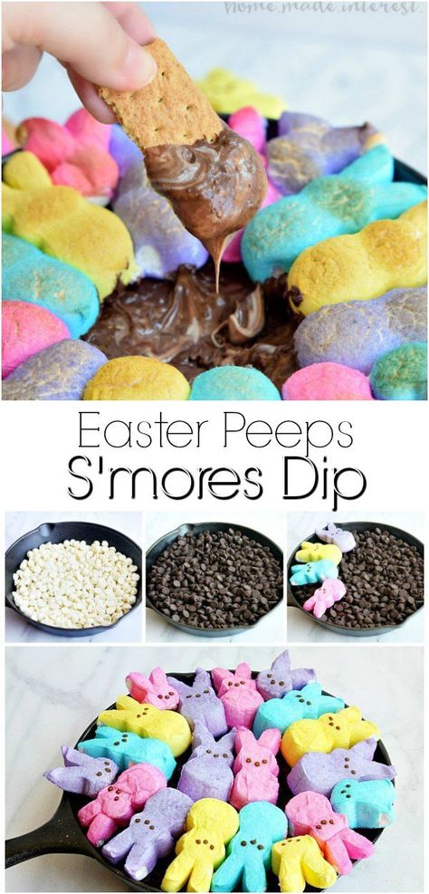 Easter Peeps S'mores Dip | This easy Easter dessert recipe is made with two kinds of chocolate and bunny rabbit peeps, toasted up into an ooey gooey s’mores dip.Use your leftover Easter candy to make this amazing skillet s'mores dip topped with marshmallow Easter Peeps. #easter #dessert #smores #peeps  via @hmiblog Dessert Smores, Peeps Dessert, Easter Appetizers Easy, Peeps Recipes, Easter Deserts, Smores Dip, Easter Food Appetizers, Leftover Candy, Easy Easter Desserts