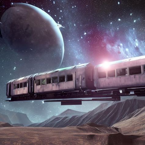 A train in outer space Space Train Aesthetic, Space Train Station, Train In Space, Rain Collector, Space Train, Star Train, Departures Board, The Slums, Dreamcore Aesthetic