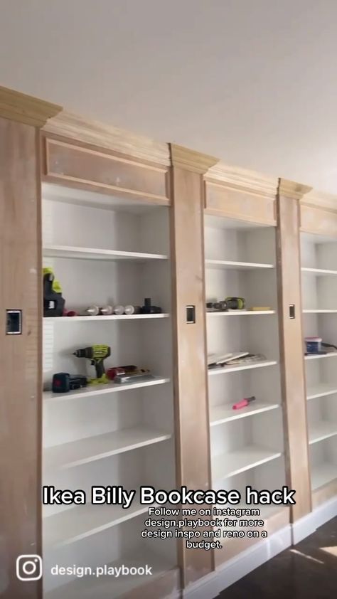 Using Ikea Billy bookcases to build a home library. #ikeahack #ikeahacksdiy #ikeabillly #homerenovationonabudget #homerenovationtiktok #homedecor Billy Ikea Shelf, Home Library Ikea Hack, Billie Bookcase Built In, Built In Bookshelves Doorway, Bookcase Molding Ideas, Billy Ikea Bookcase Ideas, Floor To Ceiling Bookcases Built Ins, Fitted Bookcase Wall, Diy Built In Billy Bookcase