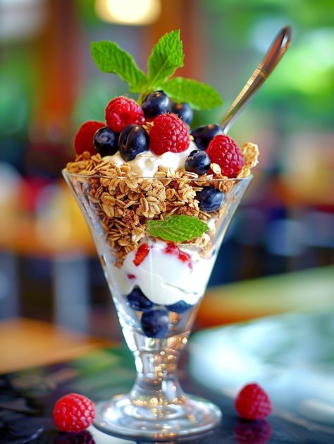 🍨 Berry Bliss Parfait 🍨   𝗜𝗻𝗴𝗿𝗲𝗱𝗶𝗲𝗻𝘁𝘀: 2 cups Greek yogurt 1 cup mixed berries (strawberries, blueberries, raspberries) 1/2 cup granola 2 tablespoons honey 1 teaspoon vanilla extract Fresh mint leaves for garnish 𝗗𝗶𝗿𝗲𝗰𝘁𝗶𝗼𝗻𝘀: In a bowl, mix Greek yogurt with honey and vanilla extract. In serving glasses, layer yogurt mixture, berries, and granola. Repeat layers until glasses are filled, ending with a sprinkle of granola on top. Garnish with fresh mint leaves. Yogurt With Honey, Berry Parfait, Serving Glasses, Strawberries Blueberries, Yogurt Parfait, Fresh Mint Leaves, Mixed Berries, Cream Recipes, Mint Leaves