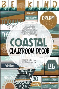 Neutral Beach Classroom, Modern Coastal Classroom Decor, Coastal Calm Classroom, Beach Theme For Classroom, Coastal Theme Classroom, Sea Themed Classroom Ideas, High School Room Decor, Boho Beach Classroom Decor, Boho Coastal Classroom