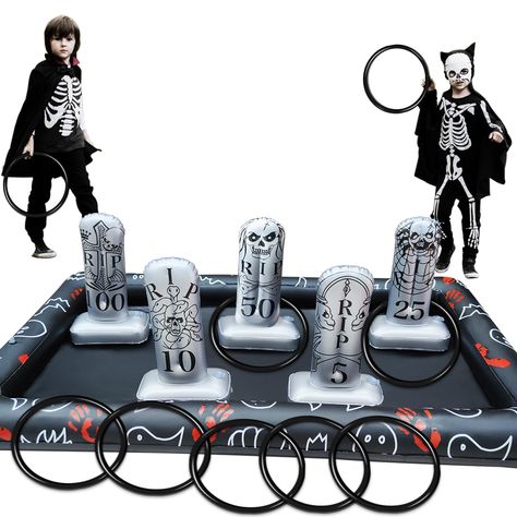 PRICES MAY VARY. Great Size for Carnival Games: Inflatable tombstone ring toss game Large Size 56x33 inches. 10 in 1, This set includes 1 Inflatable base , 5p Movable tombstone and 4 plastic toss rings. There have 5, 10, 20, 50,100 points,you can start a competition Halloween Party Games for Kids: Create a fun sports party or school carnival with the ring toss game. Play these games to help develop child's eye-hand coordination skills, counting rings in the process of playing can train the mathe Outdoor Carnival, Games Halloween Party, Party Decor Outdoor, Carnival Party Favors, Spooky Games, Spider Toy, School Carnival, Ring Toss Game, Bag Toss Game