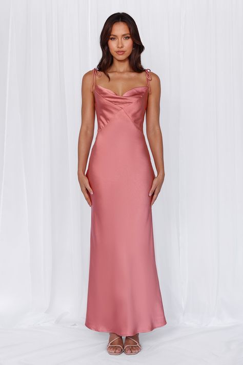 Length from top of bust to hem of size S: 134cm. 
 Chest: 38cm, Waist: 34cm, across front only of size S. 
 Maxi dress. 
 Lined. 
 Model is a standard XS and is wearing size XS. 
 True to size. 
 Non-stretch. 
 Luxurious satin. 
 Cowl neckline. 
 Tie-up shoulder straps. 
 Elastic back. 
 Vent extension. 
 Straight, flowy silhouette. 
 Zipper with hook eye closure.  
 Cold hand wash only. 
 Polyester. 
 This material is very delicate. Please handle with care. 
 Please Note: This product is a Excl Pink Satin Dress, Silk Dresses, Long Bodycon Dress, Pink Formal Dresses, Mesh Maxi Dress, Maxi Dress Wedding, Satin Maxi, Cowl Neckline, Satin Maxi Dress