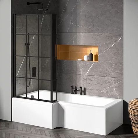 26 Practical & Beautiful Shower Over Bath Ideas for 2023 Small Bathroom With Bath, Bathroom With Shower And Bath, Shower Bath Combo, Small Bathroom With Tub, Bathroom Tiny, L Shaped Bath, Bathroom With Tub, Shower Over Bath, Shower Fittings