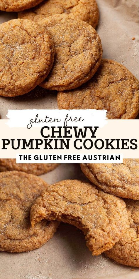 Savor the perfect fall treat with Chewy Pumpkin Cookies! Soft, moist, and packed with warm spices, these cookies are a must-try for any pumpkin lover. Made with real pumpkin and a blend of cinnamon, nutmeg, and cloves, they deliver classic autumn flavor in every bite. Easy to make and perfect for sharing! Gluten Free Pumpkin Smores Cookies, Gf Pumpkin Spice Cookies, Grain Free Fall Desserts, Fall Foods Gluten Free, Pumpkin Cookies Gluten Free Dairy Free, Gf Pumpkin Oatmeal Cookies, Pumpkin Cookie Gluten Free, Easy Gf Pumpkin Recipes, Fall Treats Gluten Free