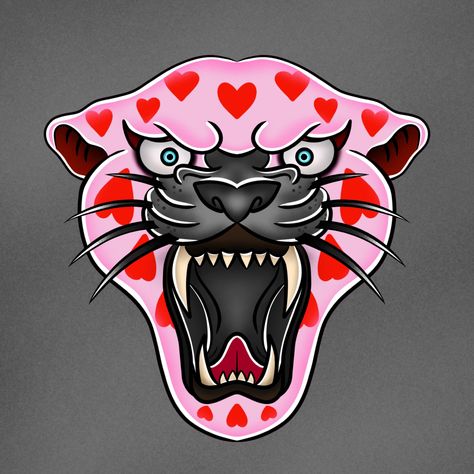 Pink Cheetah Tattoo, Traditional Leopard Head Tattoo, American Traditional Artwork, Traditional Tattoo Heart, Pink Panther Tattoo, Traditional Panther Tattoo, Leopard Print Tattoos, Tiger Head Tattoo, Panther Design