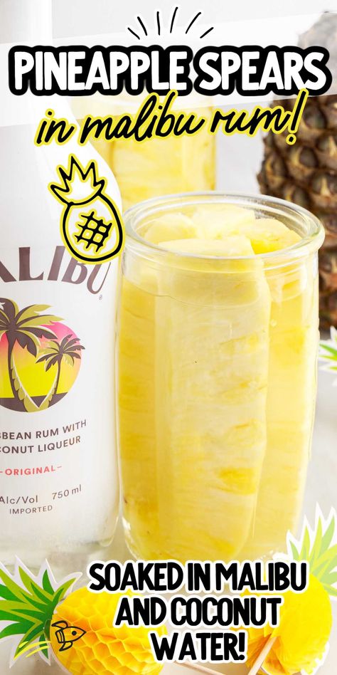 Serve these juicy pineapple spears in Malibu rum at your next party for a tropical and refreshing treat. Drunken Pineapple Spears, Pineapple Spears In Malibu, Boozy Pineapple Spears, Pineapple Spears In Coconut Water, Pineapple Spears, Pineapple Rum Drinks, Malibu Pineapple, Island Recipes, Pineapple Lemonade