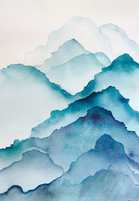 Water Colour Mountain Painting, One Color Watercolor Painting, Water Colour Inspiration, Water Colours Painting Landscape, Cool Colours Painting, Cool Watercolor Ideas Easy, One Colour Painting, Ecoline Art Ideas, Water Colour Wallpaper