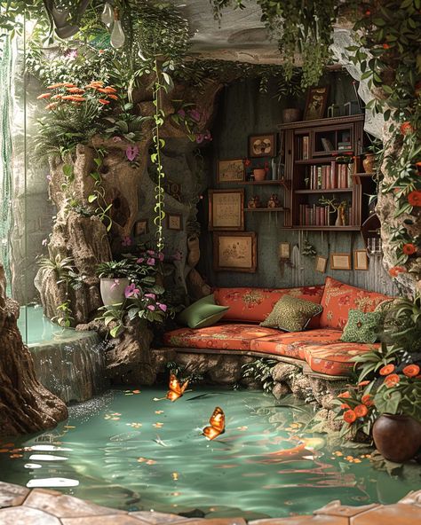 Sea Inspired Interior Design, Surrealism Interior Design, Surrealism Room, Fantasy Interior Design, Jungle Interior Design, Butterfly Interior Design, Fairytale Room, Cottage Forest, Secret Bedroom