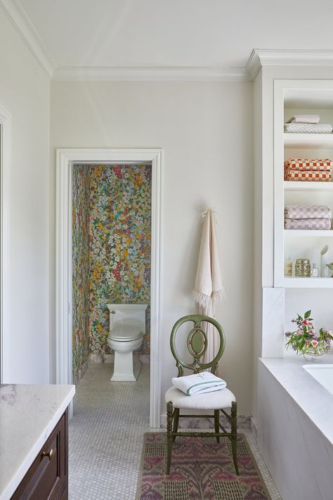 Beautiful interior design project showcasing patterns, textures, and color. Primary Bath, A Breath Of Fresh Air, Beautiful Interior Design, Pattern Play, Breath Of Fresh Air, Interior Design Studio, Interior Design Projects, Design Firms, Floral Wallpaper