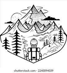 Mountaineer Tattoo, Camping Drawing Illustrations, Camping Drawing Simple, Camping Drawings, Hiking Drawing, Adventure Drawing, Camping Tattoo, Camping Stickers, Camping Drawing