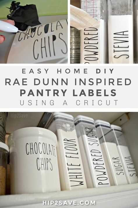 I recently re-organized my pantry and made some trendy Rae Dunn-inspired adhesive labels for the food containers in my pantry, and just love how they turned out, so now I'm excited to help you make your own vinyl decals for your home! #raedunn #raedunnlabels #pantry #pantryorganization #homediy #diyprojects #diyorganization #raedunndiy Pantry Labels Cricut Vinyl Decals, Cricut Kitchen Labels Vinyl Lettering, Cricut Pantry Labels Svg Free, Cricut Food Labels, Cricut Pantry Labels Free Printables, Labels For Pantry Containers, Household Labels, Farmhouse Style Pantry, Vinyl Pantry Labels