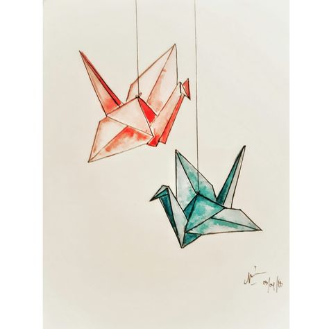 Paper Crane Painting, Origami Drawing Illustrations, Paper Crane Illustration, Paper Crane Drawing, Paper Crane Art, Origami Painting, Crane Painting, Paper Crane Mobile, Crane Drawing