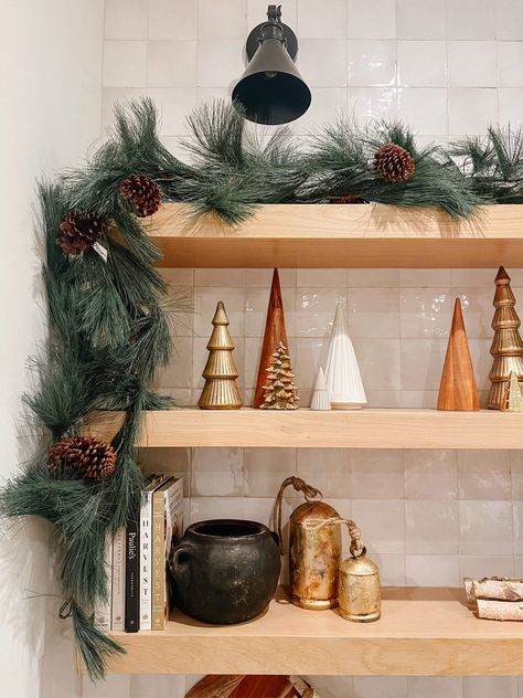 Our Holiday Decor (Sneak Peek) • Honey We're Home Christmas Kitchen Shelves Decor, Christmas Floating Shelves, Open Shelves Christmas Decor, Floating Shelf Christmas Decor, Retro Decor Style, Floating Tv Shelf, Kitchen Shelf Decor, Vintage Crock, Floating Shelves Kitchen