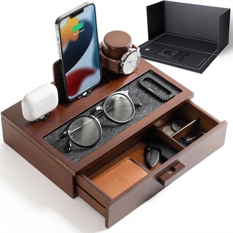 Wood Charging Station, Nightstand Organizer, Phone Docking Station, Nightstand Organization, Hide Cables, Hide Wires, Unique Valentines Day Gifts, Walnut Nightstand, Electronic Organization