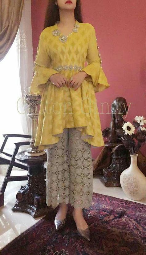 Best Kids Shoes #KidsFashionTeen #KidsFashionDesign Short Frock Plazo Suit Designs, Short Frock Suit, Short Frock With Plazo, Short Frock With Sharara, Short Frock, Nikkah Dress, Pakistani Dresses Casual, Salwar Kamiz, Diy Vetement