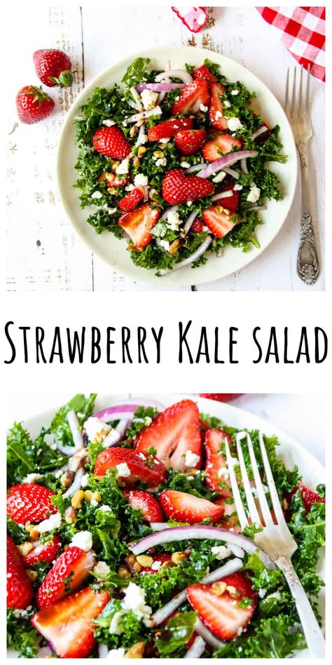 Strawberry Kale Salad recipe celebrates the sweet flavor of juicy summer strawberries in a salad of crisp kale leaves. Nutty toasted walnuts add crunch and creamy feta and a tangy balsamic vinaigrette complete this simple, fresh, and delicious salad. Wholesome Salads, Strawberry Kale Salad, Strawberry Feta Salad, Kale Feta, Strawberry Salad Recipe, Amazing Salads, Strawberry Feta, Suddenly Salad, Feta Salad Recipe