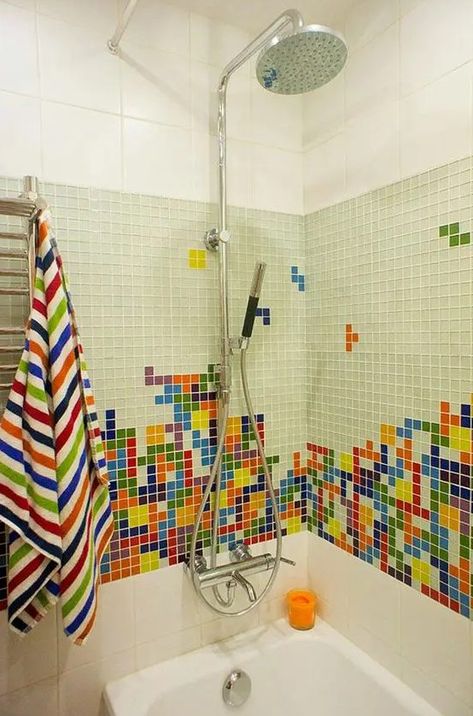 Tile Toilet, Ideas For Bathrooms, Printed Towels, Colorful Bathroom Tile, Bold Tile, Colorful Tile, Toilet Decor, Bright Bathroom, Colourful Tile