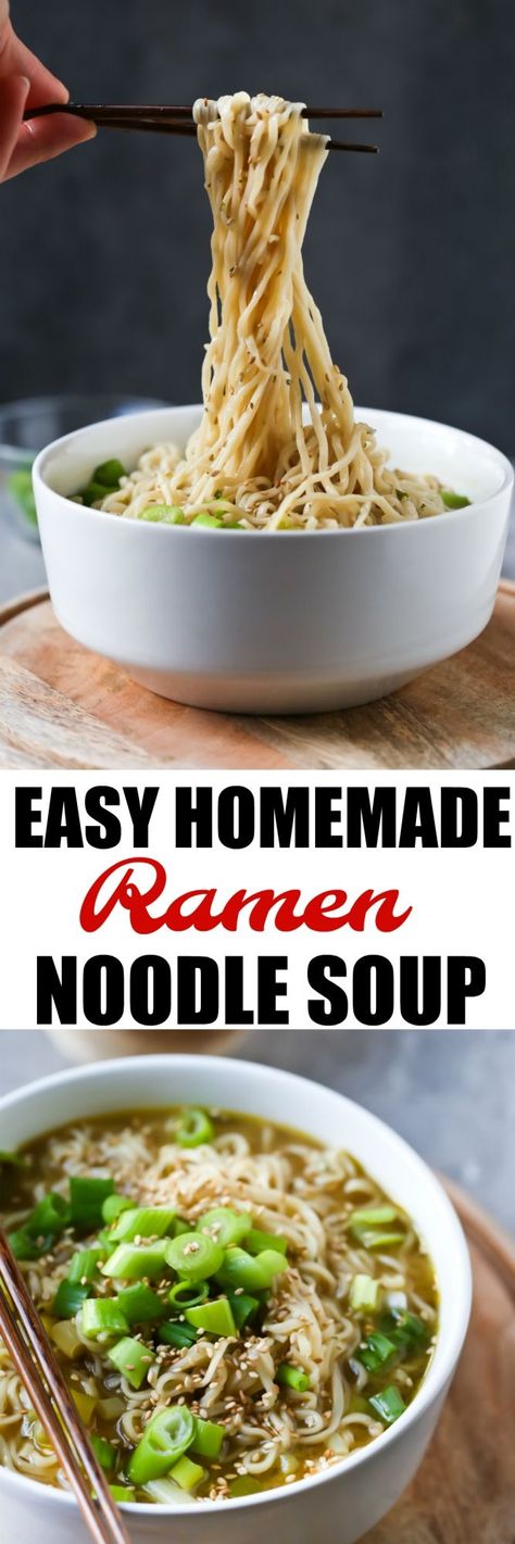 A delicious Easy Homemade Ramen Noodle Soup that is actually healthy, vegan, oil-free and full of fresh ingredients like ginger, garlic and green onions! Only 8 ingredients! You'll never need packet ramen noodles again! via @thevegan8 Plain Ramen Noodle Recipes, Homemade Ramen Noodles Soup Chicken, Pho With Ramen Noodles, Homemade Chicken Ramen Soup, Homemade Ramen Noodles Soup, Ramen Soup Base, Easy Homemade Ramen, Easy Vegan Ramen, Ramen Vegan