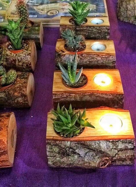 Succulents Candles, Deco Nature, Rustic Candle Holders, Rustic Candles, Wood Candle Holders, Wood Candles, Deco Floral, בר מצווה, Cactus Y Suculentas